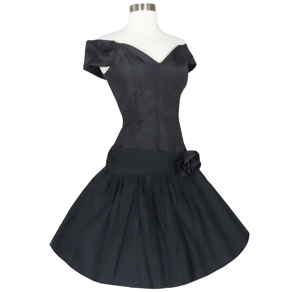 Vintage 80s 90s Black Taffeta Chiffon Drop Waist Full Skirt Prom Party Dress M